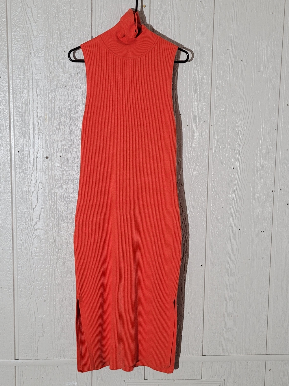 Sleeveless Ribbed Maxi Dress with Turtleneck in Red-Orange